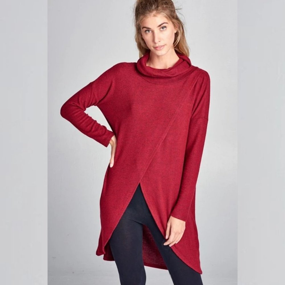 Hacci Brush Cowl Neck Long Blouse Top Burgundy - Picture 2 of 3